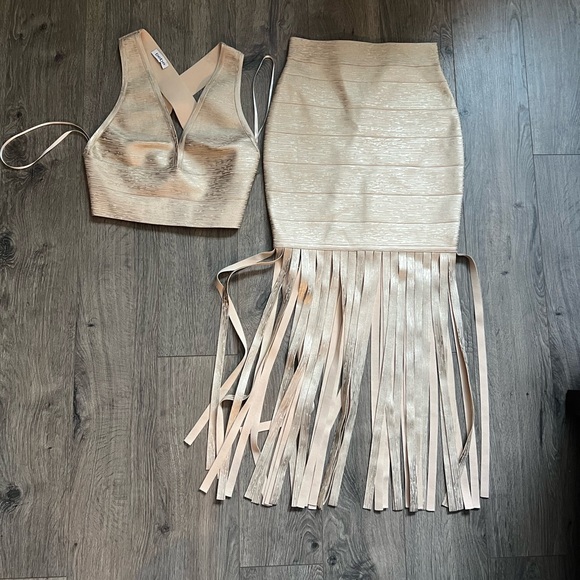 Bebe Sample Gold Metallic Two-Piece Fringe Skirt Set - Picture 1 of 3